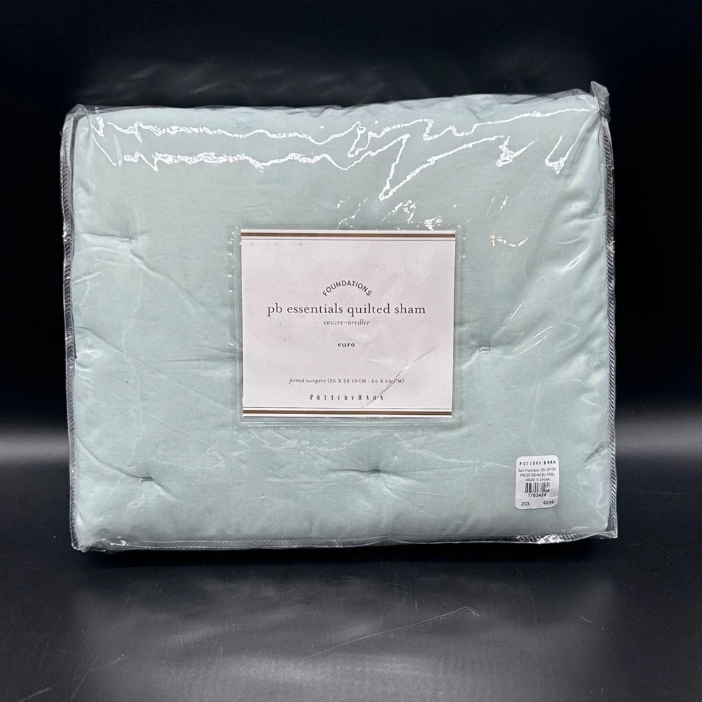 Pottery Barn Foundations Quilted‎ Sham Green Cotton Cross Stitch Euro New 26x26
